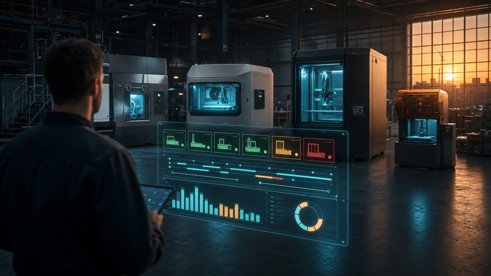 Machine Status — real-time monitoring of a heterogeneous additive manufacturing fleet (metal, polymer, resin 3D printers) on a single dashboard